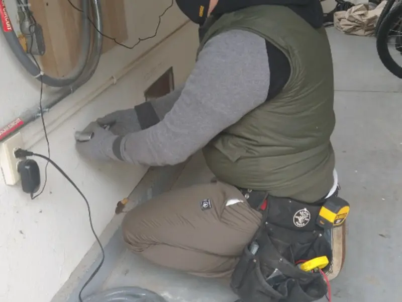 Electrician performing outlet wiring in a Imperial garage